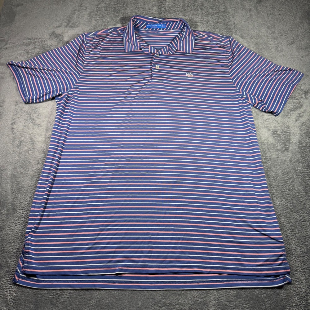 Southern Tide T3 Gulf Polo Shirt Mens XXL Navy Blue Pink Striped Short Sleeve